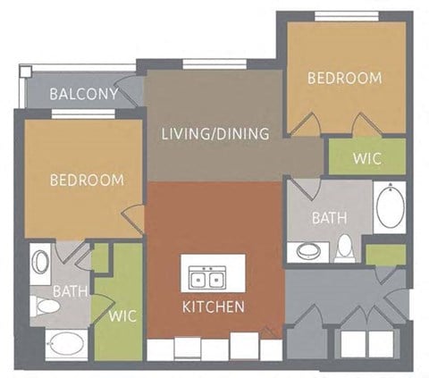 Floor plan for 2 beds, 2 baths, 1049 sqft