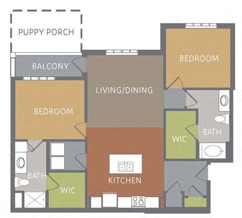 Floor plan for 2 beds, 2 baths, 1174 sqft
