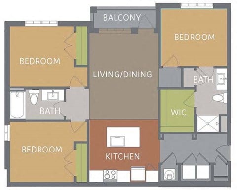 Floor plan for 3 beds, 2 baths, 1251 sqft