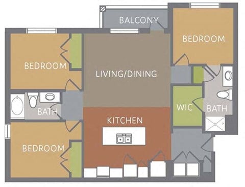 Floor plan for 3 beds, 2 baths, 1362 sqft
