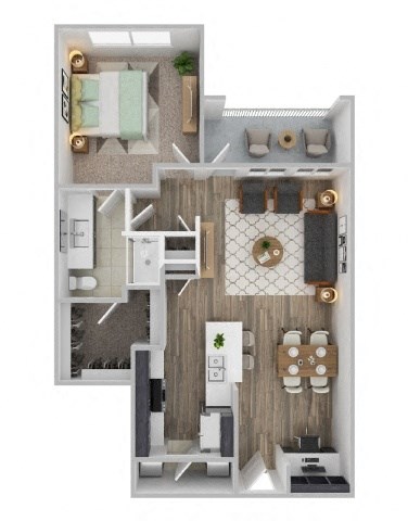 Floor plan for 1 bed, 1 bath, 714 sqft