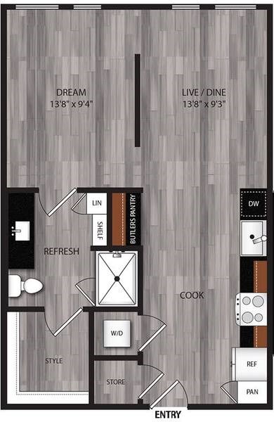 Floor plan for 1 bed, 1 bath, 600 sqft