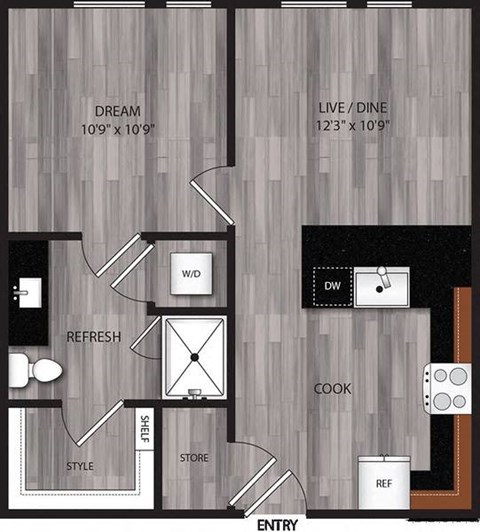 Floor plan for 1 bed, 1 bath, 577 sqft