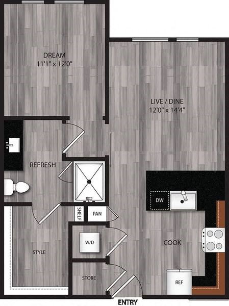 Floor plan for 1 bed, 1 bath, 645 sqft