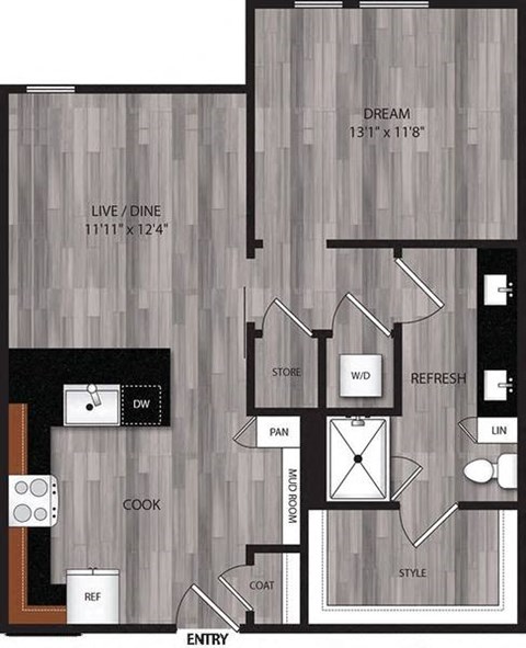 Floor plan for 1 bed, 1 bath, 703 sqft