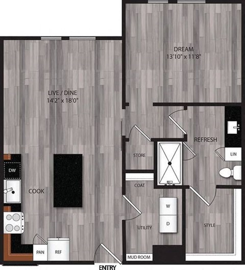 Floor plan for 1 bed, 1 bath, 790 sqft