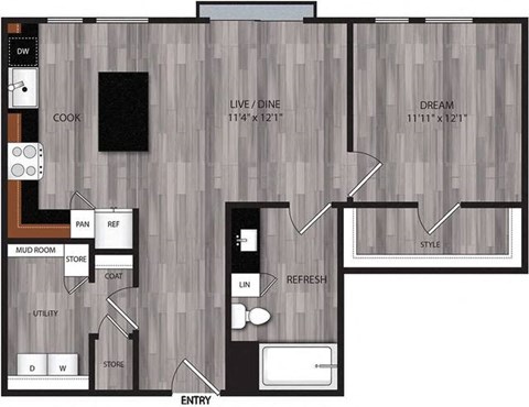 Floor plan for 1 bed, 1 bath, 762 sqft
