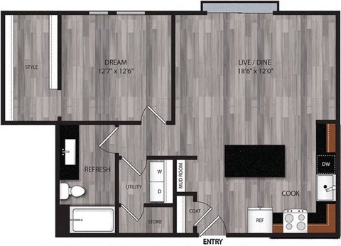 Floor plan for 1 bed, 1 bath, 862 sqft