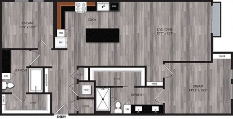 Floor plan for 2 beds, 2 baths, 1349 sqft