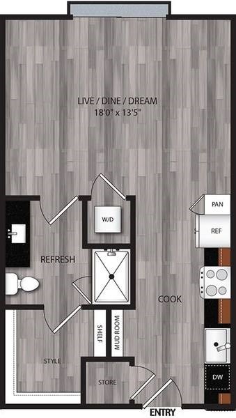 Floor plan for studio, 1 bath, 540 sqft
