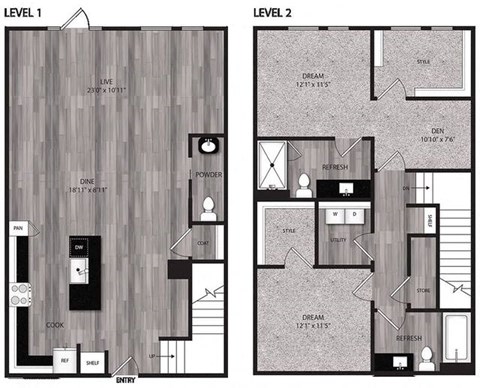 Floor plan for 2 beds, 2.5 baths, 1603 sqft