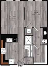 Floor plan for 1 bed, 1 bath, 662 sqft
