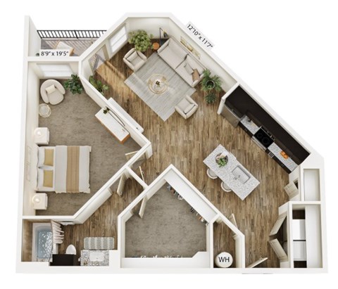 Floor plan for 1 bed, 1 bath, 931 sqft