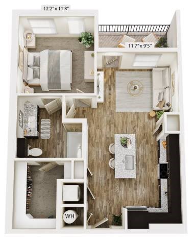 Floor plan for 1 bed, 1 bath, 701 sqft