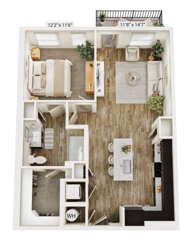 Floor plan for 1 bed, 1 bath, 701 sqft