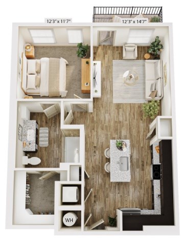 Floor plan for 1 bed, 1 bath, 762 sqft