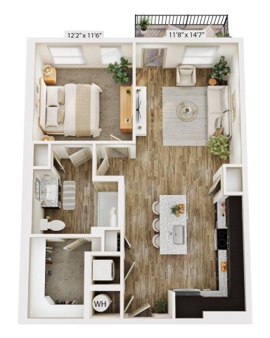 Floor plan for 1 bed, 1 bath, 767 sqft