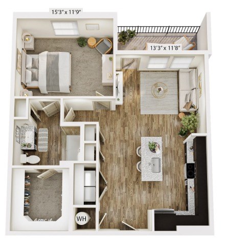 Floor plan for 1 bed, 1 bath, 832 sqft