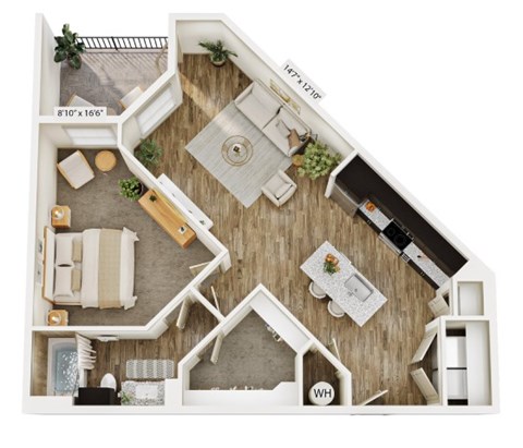 Floor plan for 1 bed, 1 bath, 847 sqft