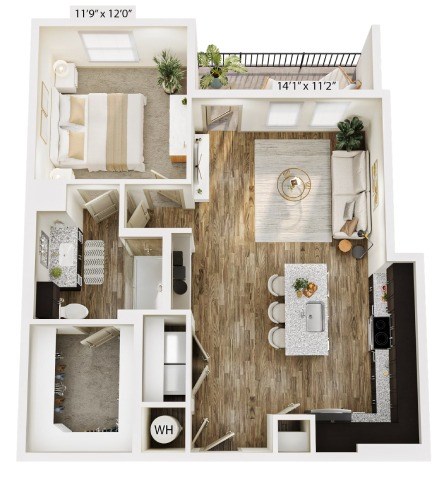 Floor plan for 1 bed, 1 bath, 866 sqft