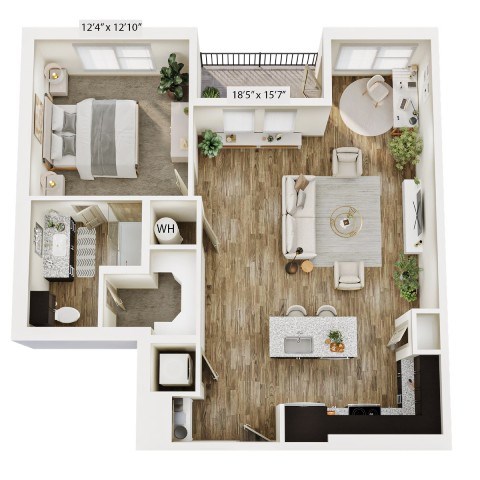 Floor plan for 1 bed, 1 bath, 872 sqft