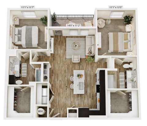 Floor plan for 2 beds, 2 baths, 1104 sqft