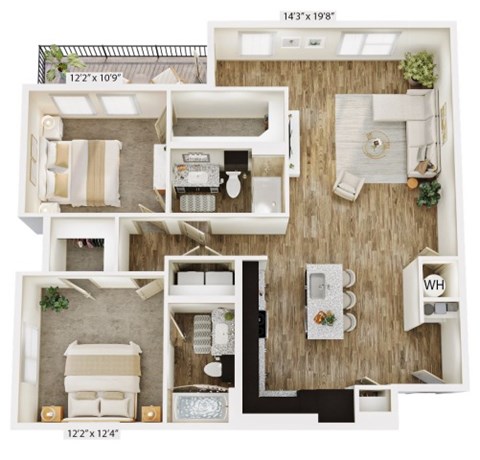 Floor plan for 2 beds, 2 baths, 1184 sqft