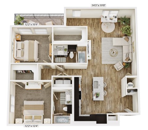 Floor plan for 2 beds, 2 baths, 1194 sqft