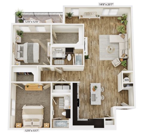Floor plan for 2 beds, 2 baths, 1297 sqft