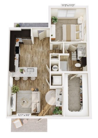Floor plan for 1 bed, 1 bath, 755 sqft
