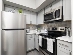 Jacksonville apartment for rent - A modern kitchen with a stainless steel refrigerator and black stove.