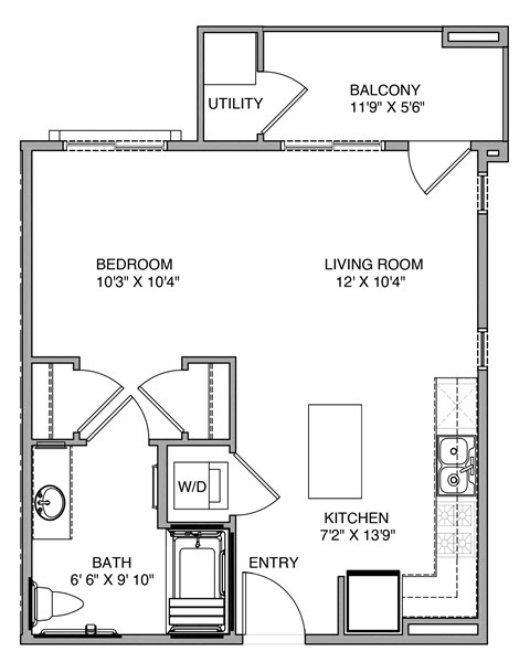 Floor plan for studio, 1 bath, 625 sqft
