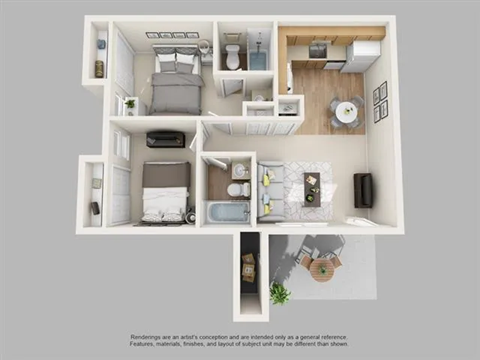 Floor plan for 2 beds, 2 baths, 675 sqft