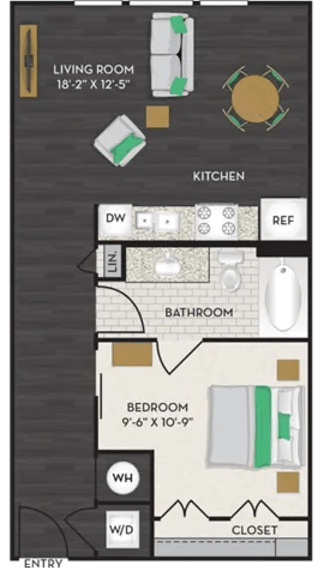Floor plan for studio, 1 bath, 665 sqft