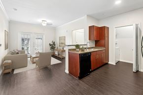 Austin apartment for rent - A modern kitchen with wooden cabinets and a black dishwasher.