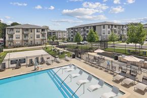 Charlotte apartment for rent - A swimming pool surrounded by sun loungers and apartment buildings.