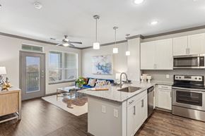 Cedar Park apartment for rent - A modern kitchen with a large island and stainless steel appliances.
