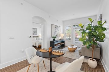 Atlanta apartment for rent - A dining table with chairs and a potted plant in a living room.
