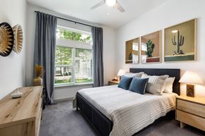 Austin apartment for rent - a bedroom with a bed and a large window