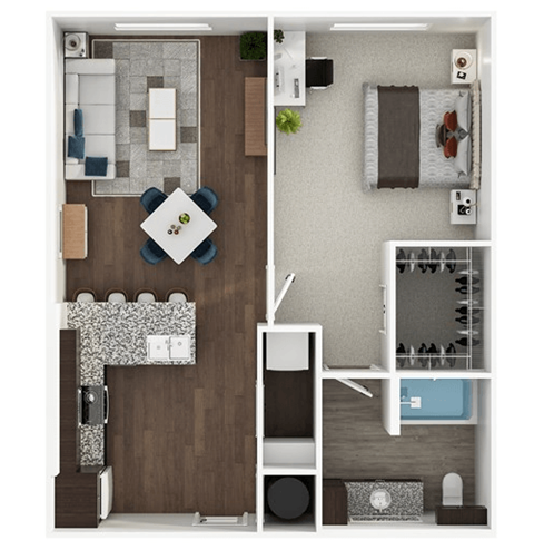 Floor plan for 1 bed, 1 bath, 725 sqft