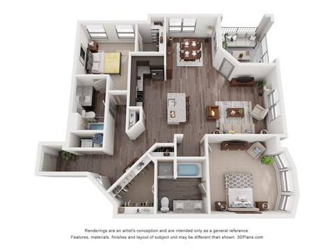 Floor plan for 2 beds, 2 baths, 1309 sqft