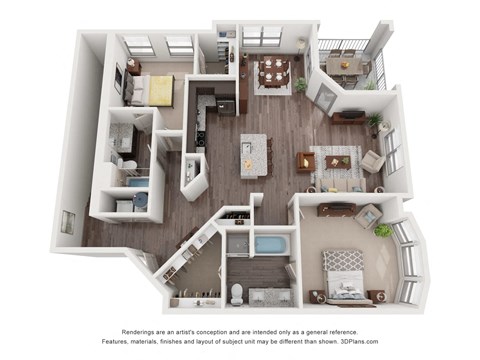 Floor plan for 2 beds, 2 baths, 1417 sqft