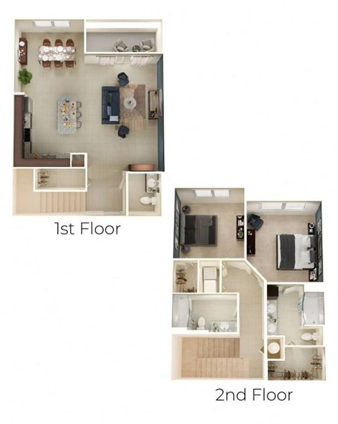 Floor plan for 2 beds, 2 baths, 1369 sqft