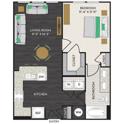 Floor plan for 1 bed, 1 bath, 696 sqft