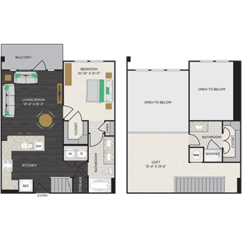 Floor plan for 1 bed, 1 bath, 1136 sqft