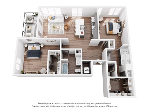 Floor plan for 2 beds, 2 baths, 1369 sqft