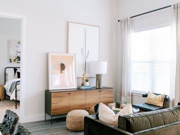 Arlington apartment for rent - A modern living room with a green sofa and a wooden cabinet.