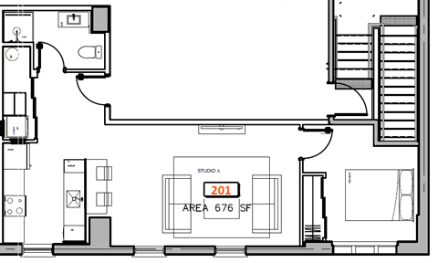 Floor plan for 1 bed, 1 bath, 676 sqft