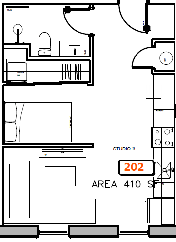 Floor plan for studio, 1 bath, 410 sqft
