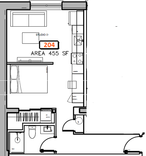 Floor plan for studio, 1 bath, 455 sqft